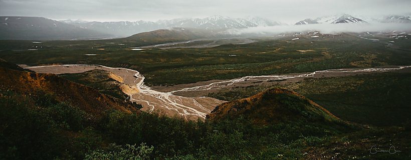 Denali seen across open country in Alaska.