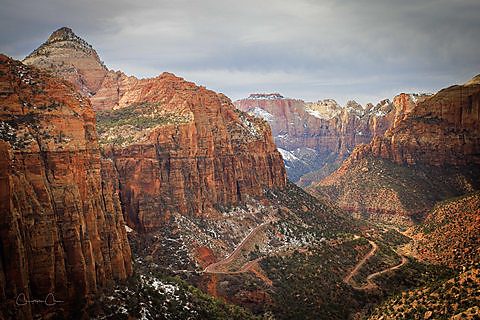 Red sandstone cliffs in Zion National Park, Utah.