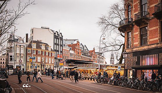 Canal houses lining a waterway in Amsterdam.